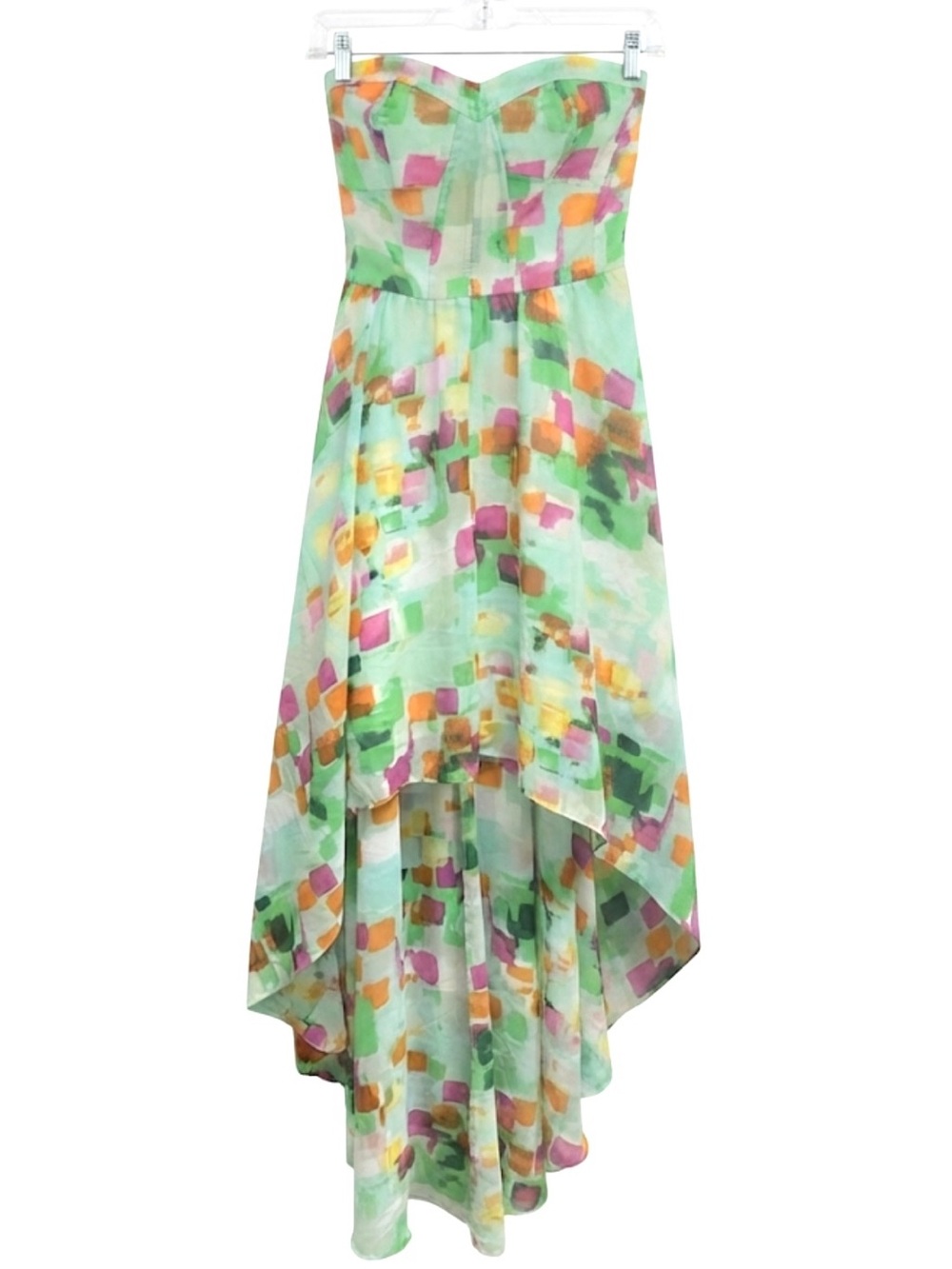 GUESS Corrine Bustier Bodice Abstract Watercolor Chiffon High Low 4 Dress
